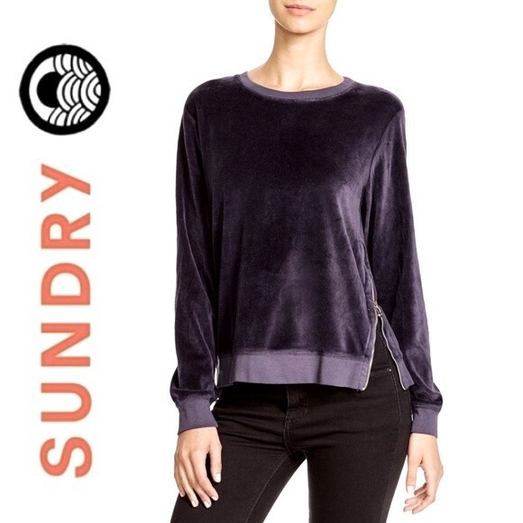 Sundry Tops - Sundry Anthropologie Side Zip Velour Velvet Crewneck Sweatshirt Blue 1 S